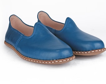 Women's Comfort, Leather , Ocean Blue Color , Handmade House Shoes, Flat Healthy traditional Natural Leather  Shoes , Slip Ons, Loafer