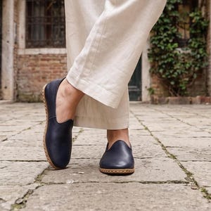 Women's Flat Wide Toe Box Navy Blue Genuine Leather Comfy Shoes, Barefoot Style Loafer, image 1
