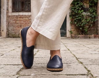 Women's Flat Wide Toe Box Navy Blue Genuine Leather Comfy Shoes, Barefoot Style Loafer,