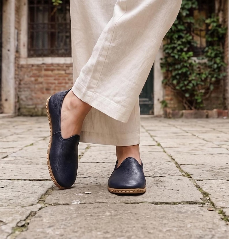 Women's Flat Wide Toe Box Navy Blue Genuine Leather Comfy Shoes, Barefoot Style Loafer, image 1