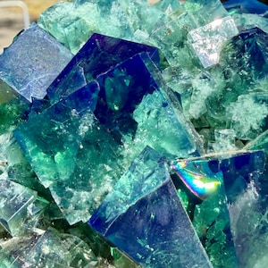 May include: A cluster of translucent fluorite crystals featuring sharp cubic formations in vibrant shades of deep royal blue and bright emerald green. The mineral specimen displays internal fractures, geometric facets, and a reflective surface.
