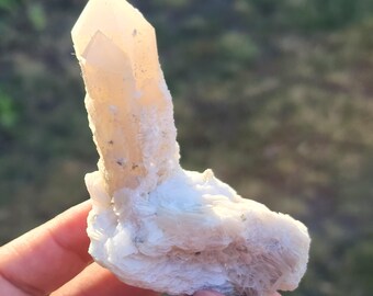 Op de afbeelding: Een lichtgekleurde kwartskristal met een puntige punt, bevestigd aan een witte, getextureerde basis. De achtergrond is wazig, met groene en bruine tinten. Een natuurlijk mineraal specimen.