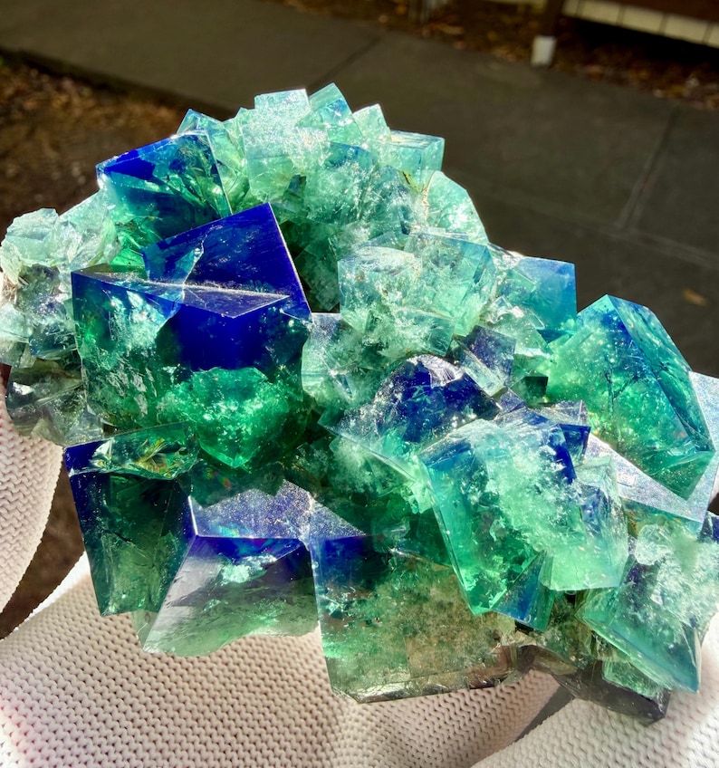 May include: A cluster of translucent cubic crystals featuring a vibrant gradient of deep royal blue and bright emerald green. The mineral specimen displays sharp geometric edges, a glassy texture, and internal fractures that catch the light.