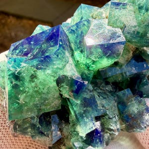 May include: A cluster of translucent fluorite crystals featuring sharp cubic formations. The mineral specimen displays a vibrant gradient of deep royal blue and bright emerald green hues, with light reflecting off the smooth, geometric crystal faces.