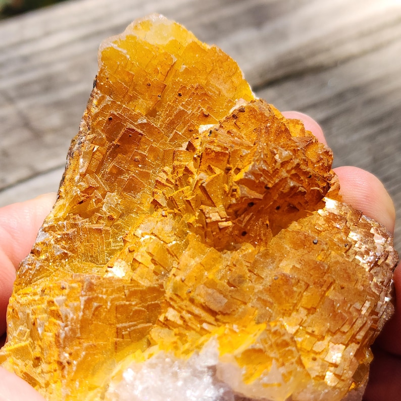 May include: A close-up of a rough, golden-yellow fluorite crystal. The mineral has a crystalline structure with a mix of square and rectangular shapes. The color varies from a bright yellow to a deeper, more amber hue. The bottom of the crystal is a white color.
