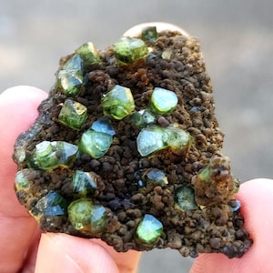 May include: A natural mineral specimen featuring vibrant green crystals embedded in a dark brown matrix. The crystals have a translucent quality, reflecting light. The rough texture of the matrix contrasts with the smooth facets of the crystals.