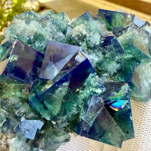 May include: A cluster of cubic fluorite crystals featuring deep royal blue and translucent emerald green hues. The mineral specimen displays sharp geometric edges, internal fractures, and a reflective, glassy luster with subtle rainbow iridescence.
