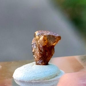 May include: A rough, amber-colored gemstone with a textured surface, resting on a small, light blue and white base. The gemstone has a natural, organic shape and appears translucent in the light.