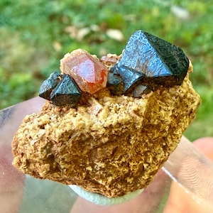 Könnte beinhalten: Ein natürliches Mineralexemplar mit dunklen, metallisch aussehenden Kristallen auf einer rauen, hellbraunen Matrix. Die Kristalle haben eine geometrische Form, wobei einige eine rötlich-orangefarbene Tönung aufweisen. Die Gesamtkomposition ist erdig und strukturiert.