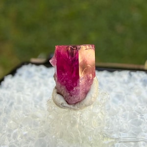 Op de afbeelding: Een levendige, roze en oranje kristalformatie. Het kristal heeft een rechthoekige vorm met een ruwe, getextureerde basis. De achtergrond is een zacht, wazig groen, met een wit, kristallijn materiaal eronder.