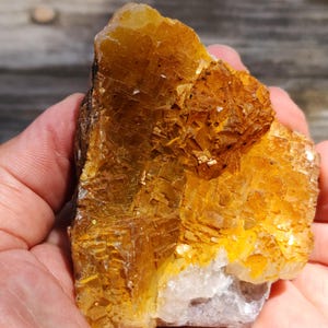 May include: A rough, golden-yellow mineral specimen with a crystalline structure. The stone has a layered appearance with a mix of warm, earthy tones. A small, lighter-colored section is visible at the base of the specimen.