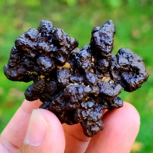 Puede incluir: Un espécimen mineral de color marrón oscuro con una superficie texturizada e irregular. El mineral tiene un brillo metálico y parece estar compuesto por múltiples formaciones pequeñas y redondeadas. El fondo es verde borroso, lo que sugiere un entorno al aire libre.