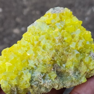 Op de afbeelding: Een levendig, ruw zwavelmonster. Het mineraal heeft een kristalstructuur met een heldere gele tint, die contrasteert met een beige matrix. De ruwe textuur en onregelmatige vorm benadrukken de natuurlijke vorm.