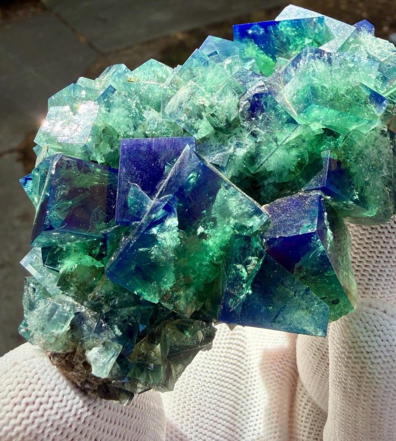 May include: A cluster of translucent fluorite crystals featuring sharp cubic formations. The mineral specimen displays a vibrant gradient of deep royal blue and bright emerald green hues, with internal fractures and crystalline textures visible throughout.