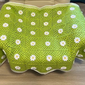 May include: A green crocheted blanket with white daisy flowers. The blanket has a white border.