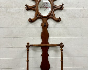 Antique Victorian Walnut Hall Stand Hall Tree with Cast Iron Tray and Mirror