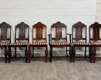 Antique English Tudor Jacobean Revival Dining Chairs - Set of 6