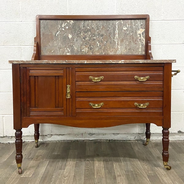 Antique Victorian Marble Top Washstand Sideboard Buffet Server with Towel Bar