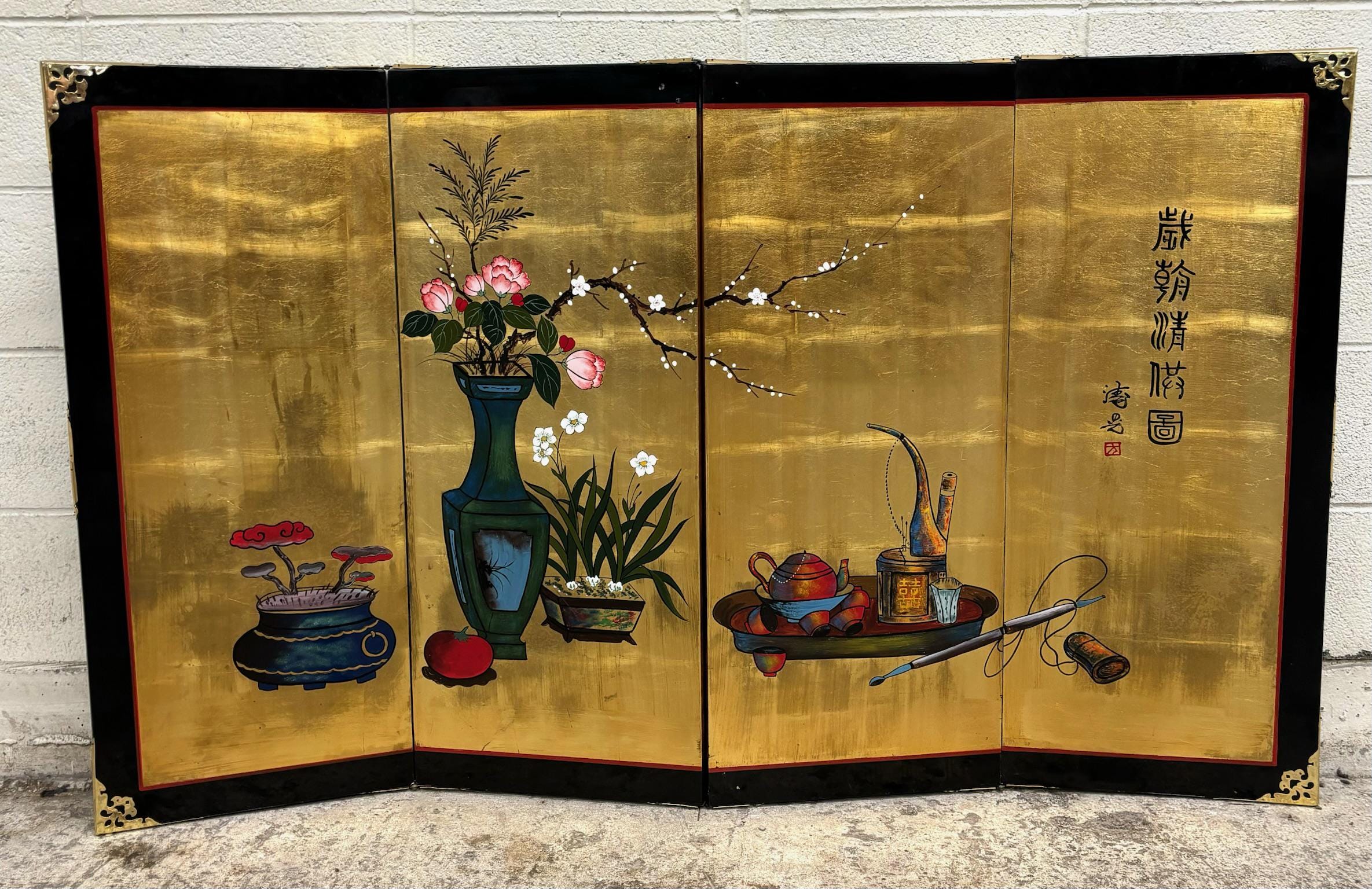 Vintage Chinoiserie Asian Style Lacquered Folding Screen or Wall Hanging -  Etsy, image size:2370x1536