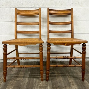 Vintage Colonial Style Ladderback Cane Seat Dining Chairs - Pair