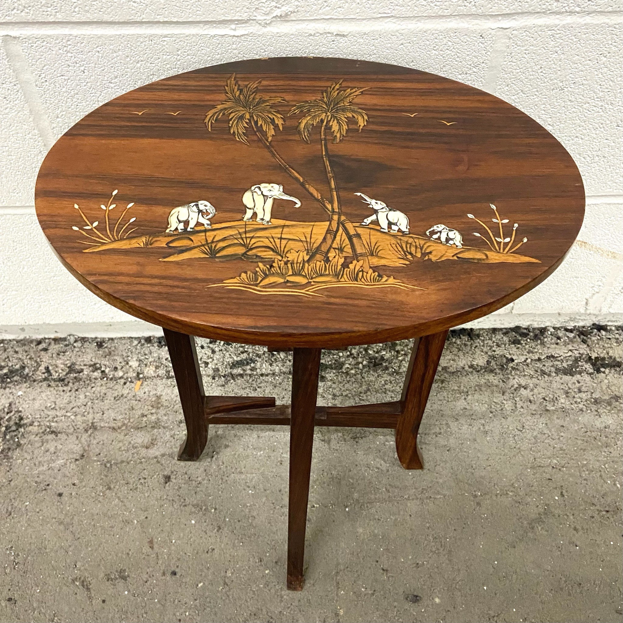 Vintage Shibayama Style Hardwood Side Table With Inlaid Elephant