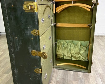Antique Early 1900s Innovation Brand Green Steamer Trunk Suitcase