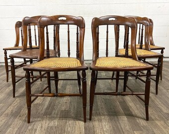 Antiqued Caned Victorian Gunstock Spindle Back Dining Chairs - Set of 6