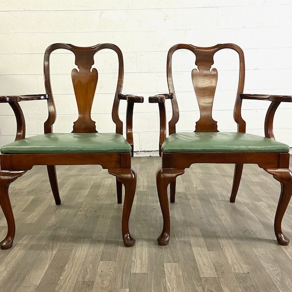 Vintage Queen Anne Wood and Vinyl Dining Arm Chairs - Pair