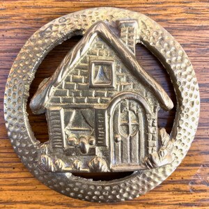 Vintage Brass Trivet Buckle Piece with House