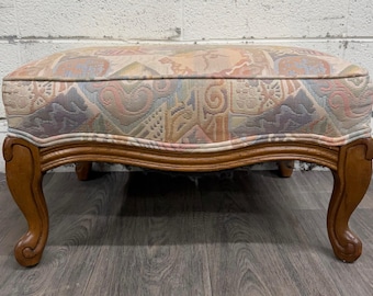 Vintage French Louis XV French Country Carved Upholstered Ottoman