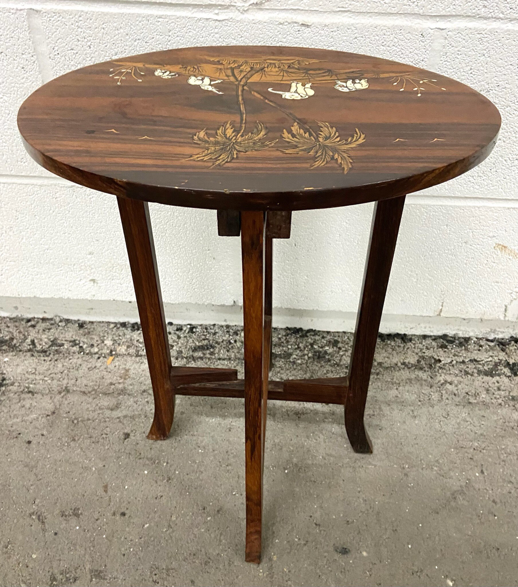 Vintage Shibayama Style Hardwood Side Table With Inlaid Elephant
