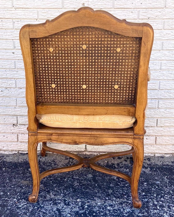 Mid 20th Century Vintage French King Louis XV Style 5-Legged Arm Chair with  Cane Seat & Back, Velvet Seat Cushion & Covered Arms