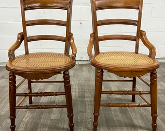 Antique Victorian Eastlake Style Ladderback Cane Dining Chairs Occasional Chairs - Pair