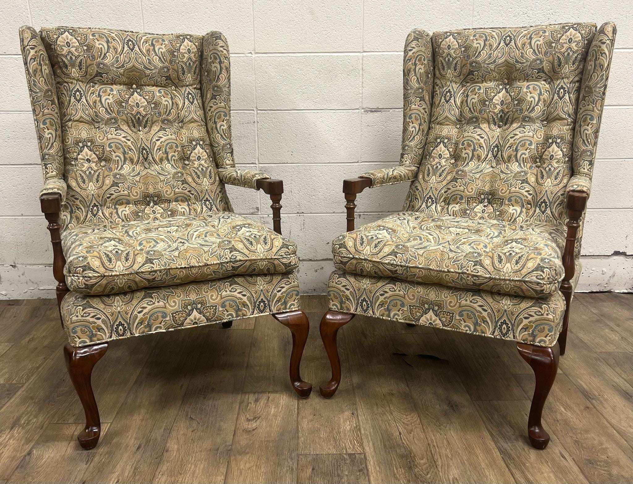 Vintage Queen Anne Wingback Tufted Armchairs or Occasional Chairs - Pair -  Etsy, image size:2048x1566