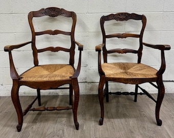 Antique French Country Style Louis XV Style Ladder Back Rush Seat Arm Chairs