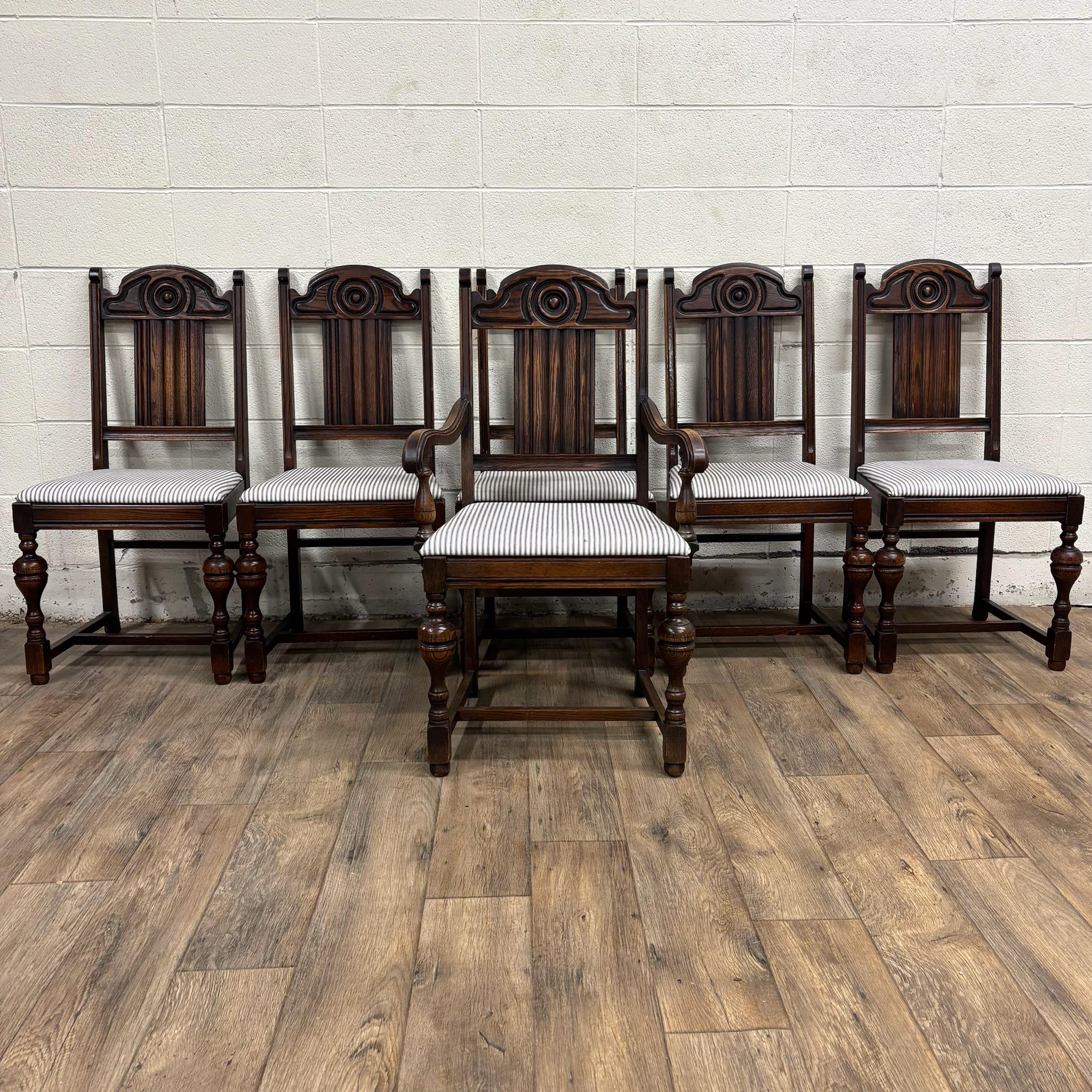 Vintage Jacobean or English Tudor Design Oak Dining Chairs - Complete Set of 6