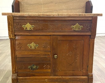 Antique 1800s Victorian Eastlake Style Marble Walnut Cabinet Commode Washstand