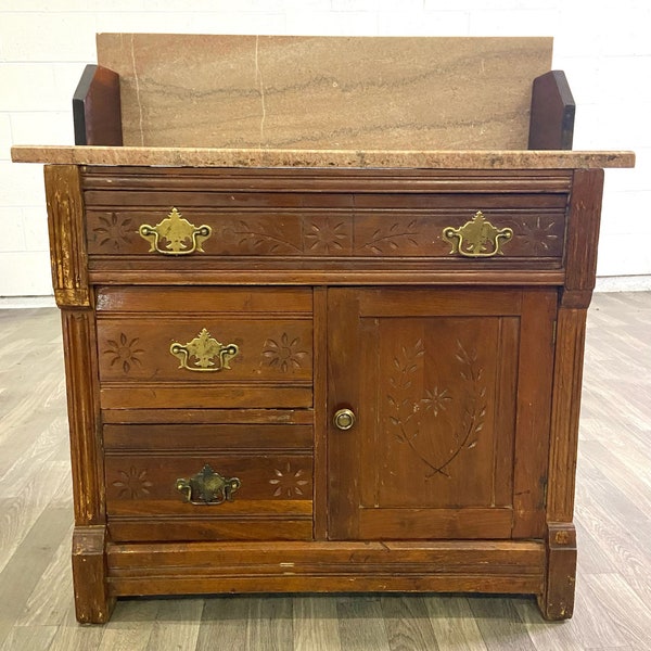 Antique 1800s Victorian Eastlake Style Marble Walnut Cabinet Commode Washstand