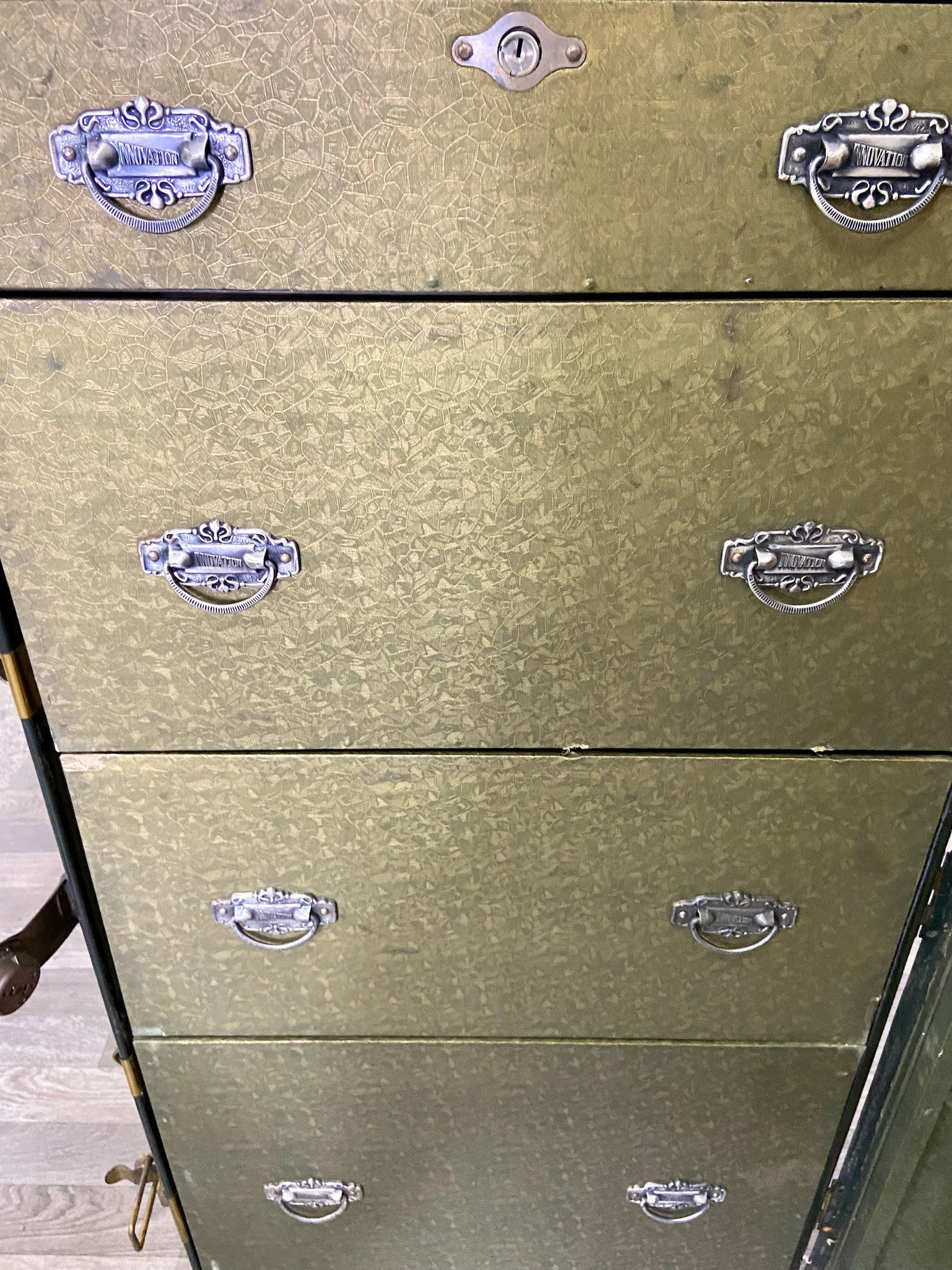 Antique Early 1900s Innovation Brand Green Steamer Trunk Suitcase