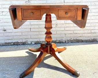 Vintage Drop Leaf Leather Top Side Table or Card Table