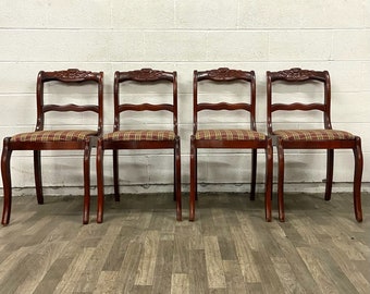 Vintage Mahogany Rose Back Regency Duncan Phyfe Style Ladder Back Dining Chairs