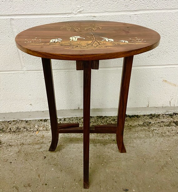 Vintage Shibayama Style Hardwood Side Table With Inlaid Elephant