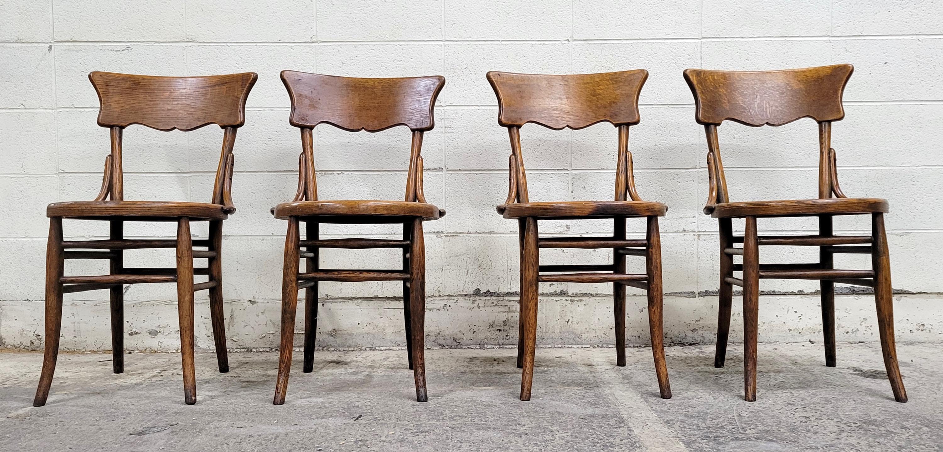 Antique Tiger Oak Bentwood Crest Back Chairs - Full Set of 4