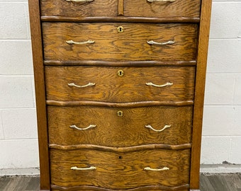 Antique Tiger Oak Serpentine Front Chest of Drawers Highboy Dresser Bureau