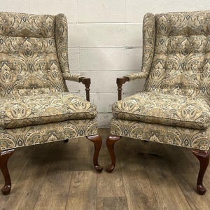 Vintage Queen Anne Wingback Tufted Armchairs or Occasional Chairs - Pair