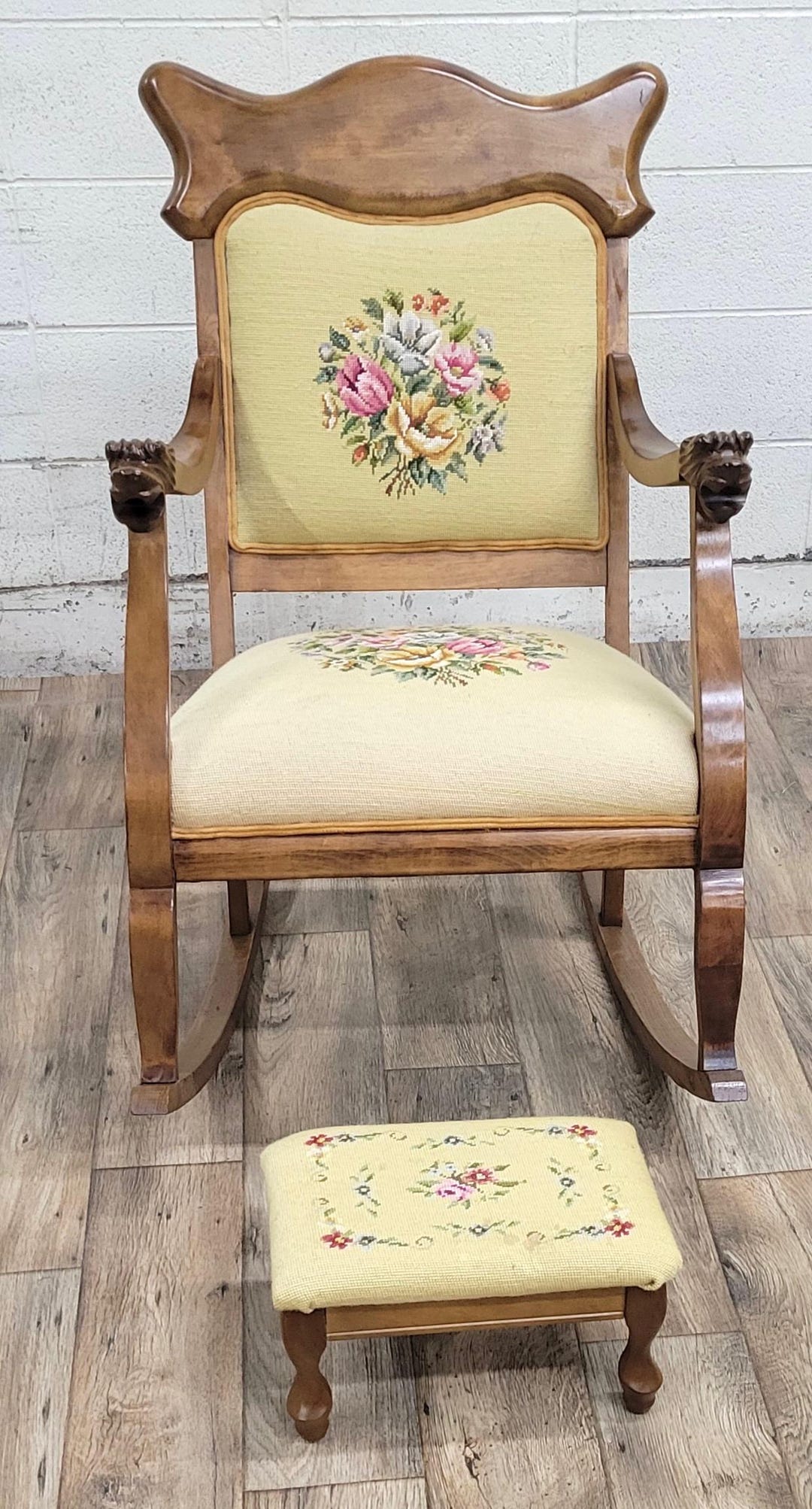 Vintage Victorian Style Needlepoint Carved Lion Head Rocker With ...