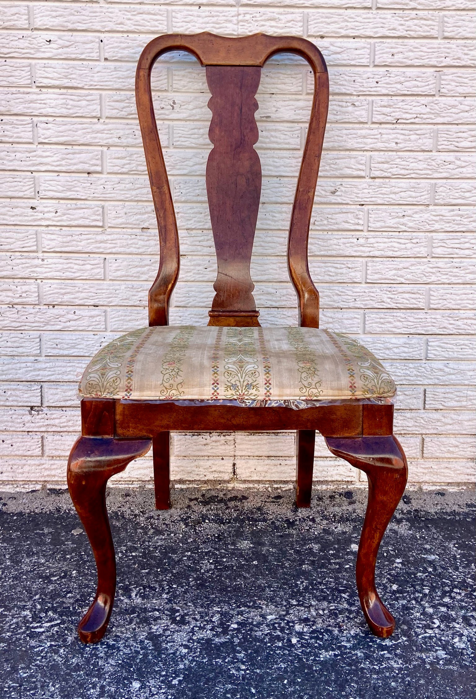 1980s Vintage Arts & Crafts Queen Anne Thomasville Maple Open Arm Side Chair  in Flame Stitch Upholstery