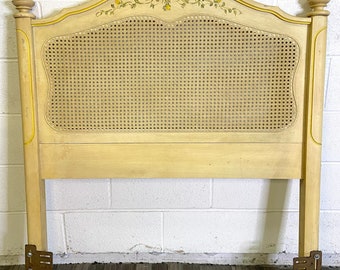 Vintage French Provincial Hollywood Regency Caned Hand Painted Twin Headboard