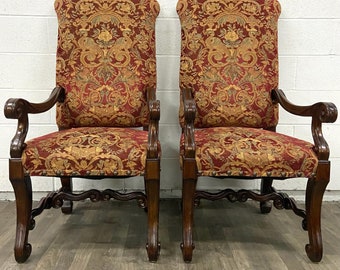 Vintage French Louis XV Style Carved Tapestry High Back Arm Chairs - Pair