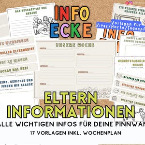 Könnte beinhalten: Eine Sammlung von siebzehn druckbaren Informationstemplates für Kitas, bestehend aus einem Wochenplan, verschiedenen beschrifteten Kopfzeilen und Aktivitätsblättern mit schwarz-weißen Illustrationen, deutschem Text und farbigen Akzenten für Infowände.